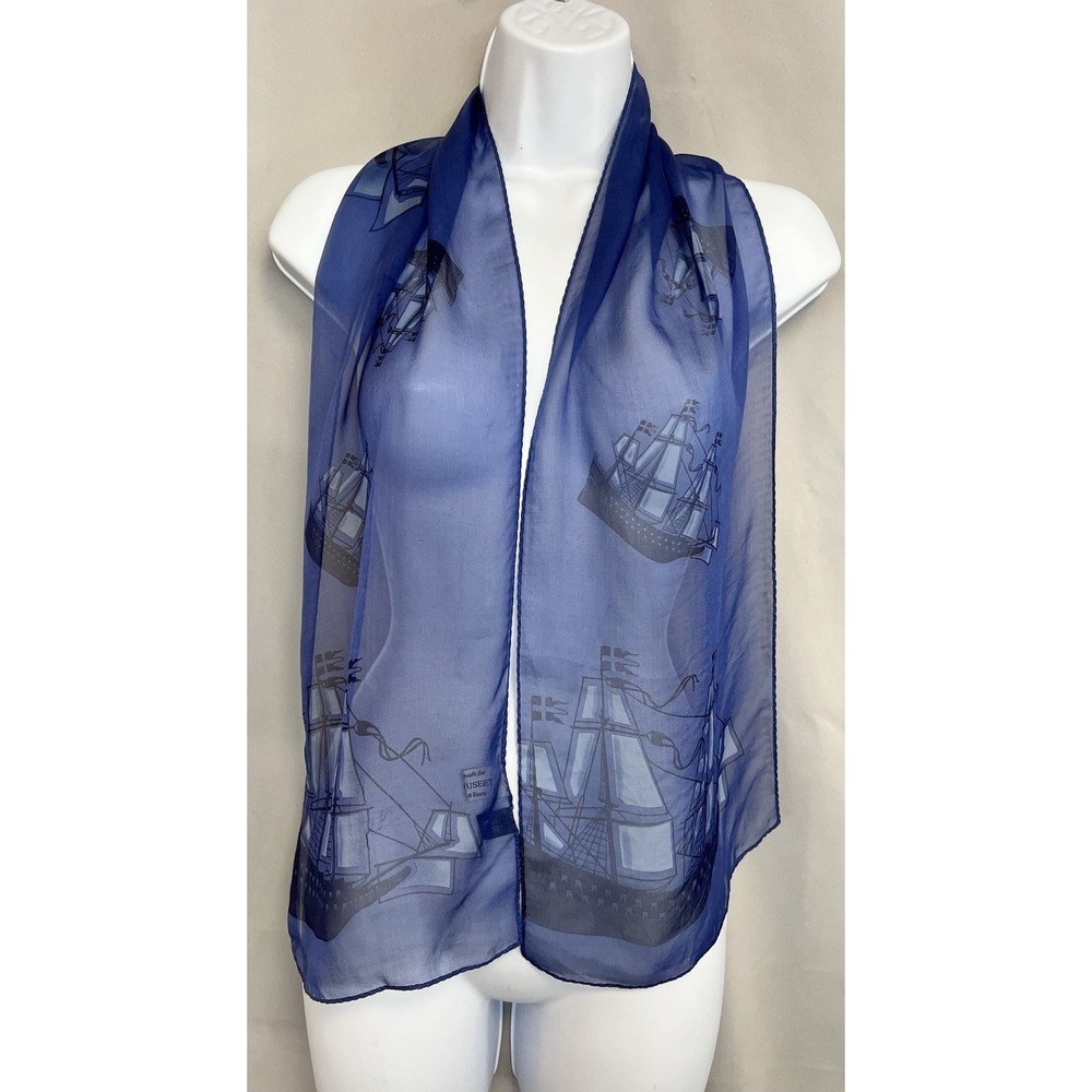 Vasamuseet 100% Silk Blue Black Scarf sailboats Print 54"x10